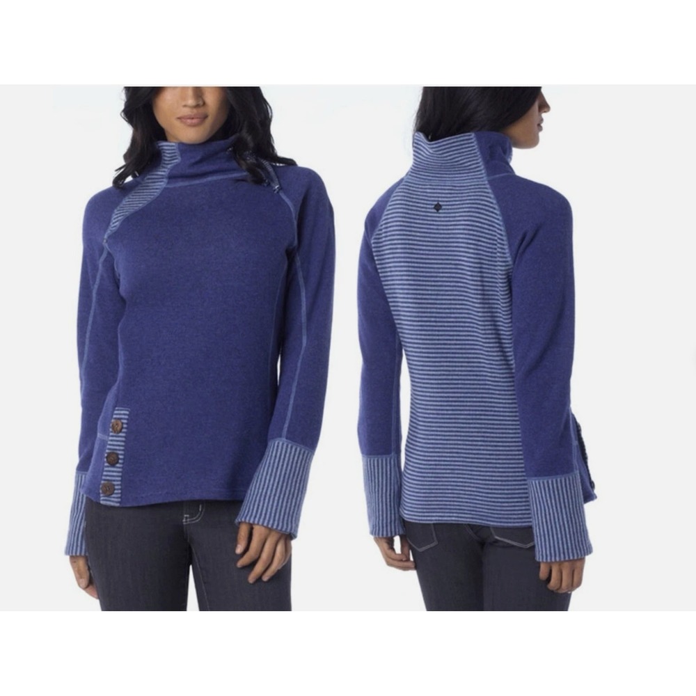 Prana Striped Funnel Neck Wool Lucia Pullover Sweater Women Medium Teal Blue - Picture 3 of 12